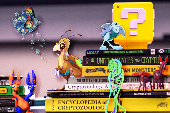 A range of colorful, cartoon-like creatures are drawn on a stack of books.